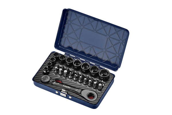 Kauplus 32PCS Mini Ratchet Wrench & Socket Bit Set – 1/4" Drive, Metric Sockets & Hex/Torx Bits in Compact Case